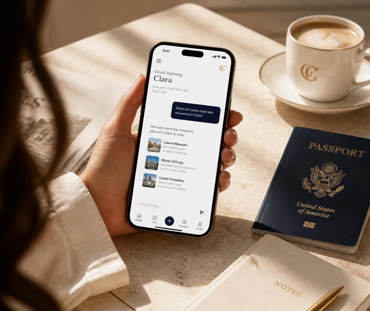 Celular com assistente de conversa aberto ao lado de passaporte e caderno de anotações